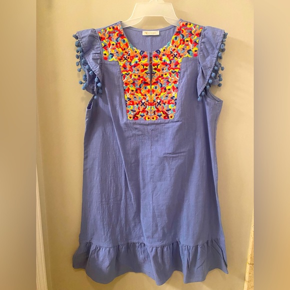 kirundo Dresses & Skirts - Kirundo Cabo embroidered shift dress women’s blue Pom Pom mini